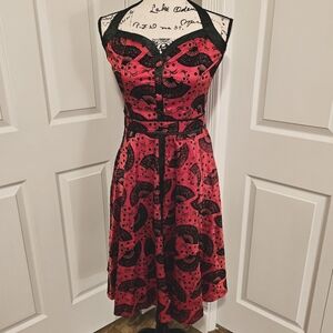 VOODOO VIXEN Red Black Fan Halter Dress Fit & Flare - Rare!